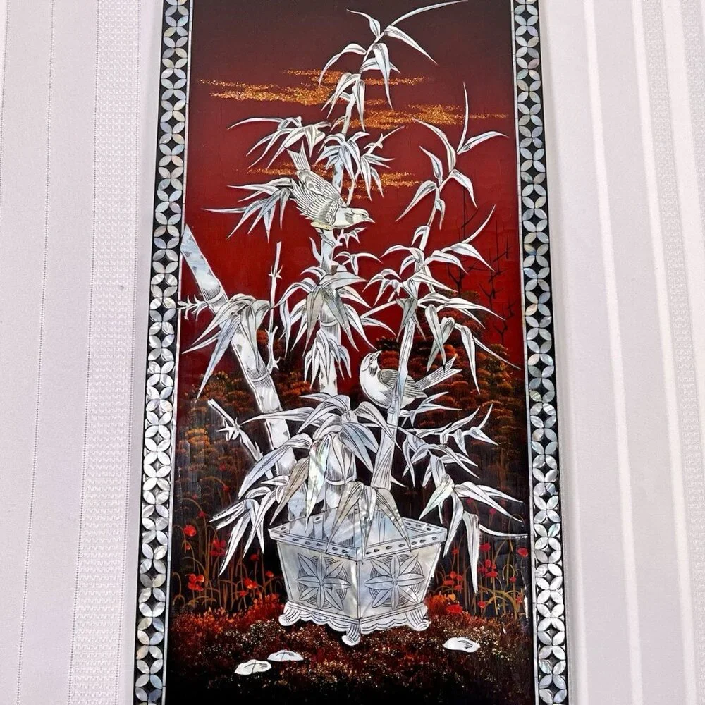 Vintage Mother of Pearl Inlay Lacquer Wall Panel Bamboo Birds Red Sunset Asian